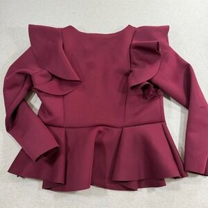 The Curve Los Angeles Blouse Womens 2XL Burgundy Ruffle Peplum Zip Front